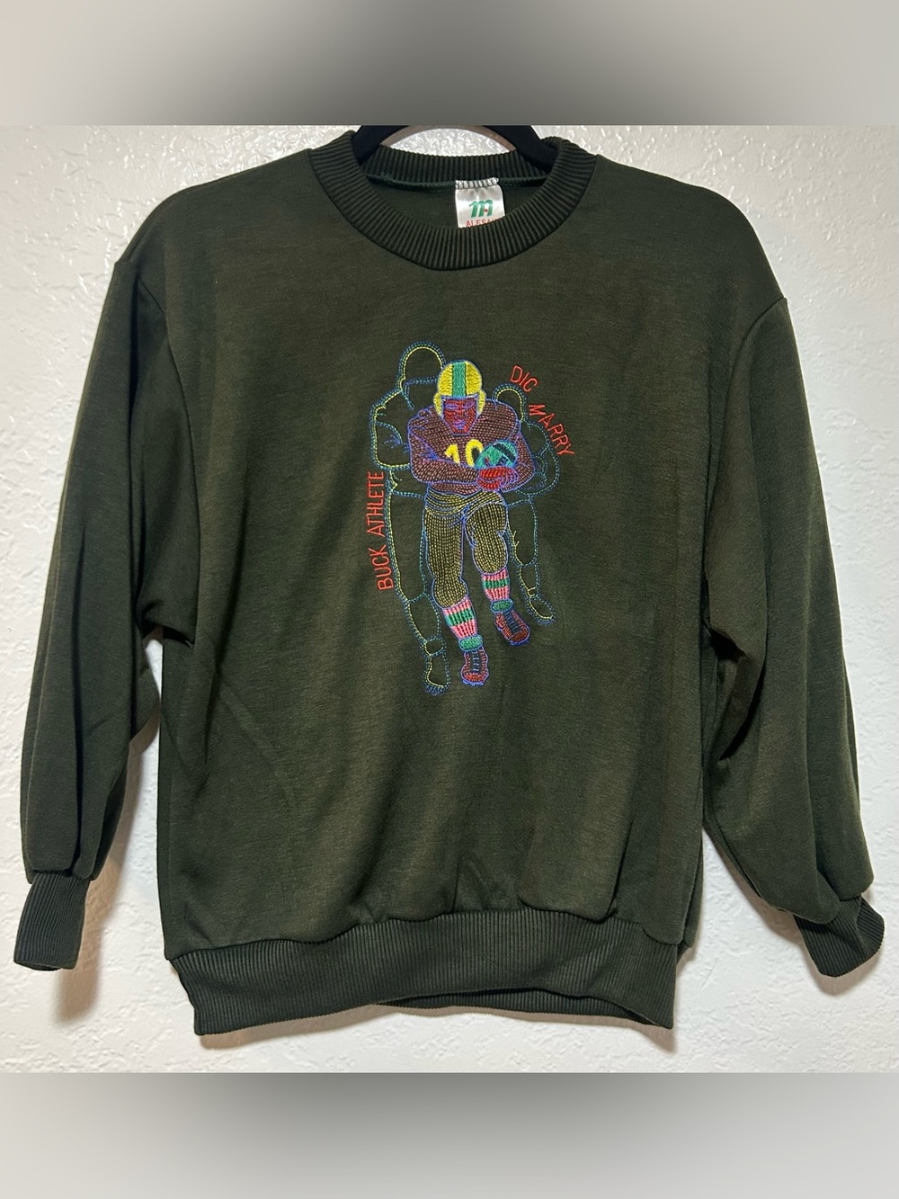 Men's Dark Green Embroidered Football Player Graphic Crewneck Sweatshirt